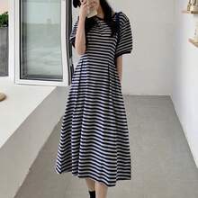 Dama de mediana edad lianyi Vestido de verano de mujer de estilo sencillo, manga corta, a rayas, suelto tipo camiseta, que favorece la figura y combina con todo - Azul Marino - Ver 8