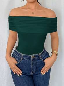 Rafferiza Women's Elegant Off-Shoulder Ruched Hem Bodysuit, Slim Fit, Summer - Dark Green - View 6