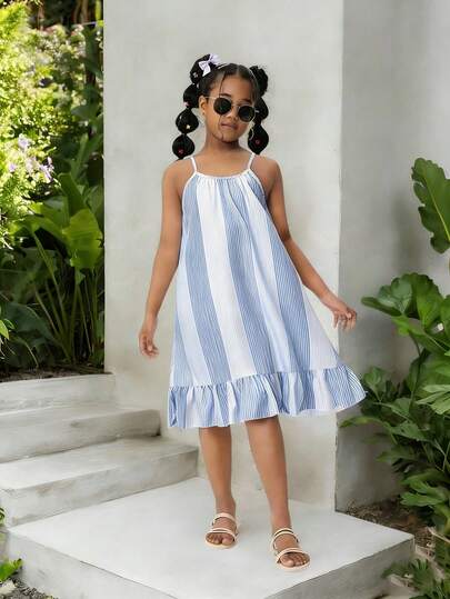 Sparklyn Tween Girls' Blue Striped Print Ruffle Hem Casual Sleeveless Dress, Vacation Style