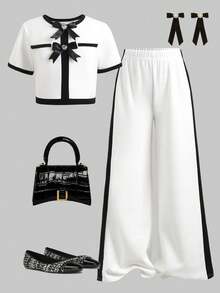 SHEIN 少女T恤套装，休闲与正式皆宜，优雅返校季单品，黑白撞色珍珠纽扣上衣搭配直筒撞色裤 - 黑與白 - 查看 5