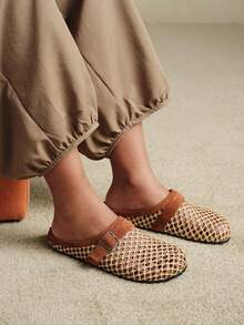 Solecia Spring And Summer New Woven Hollow Mat Mesh, Strap, Round Toe Design, Slip-On Exposed Heel, Comfortable And Simple, Women's Flats - Camel - View 2