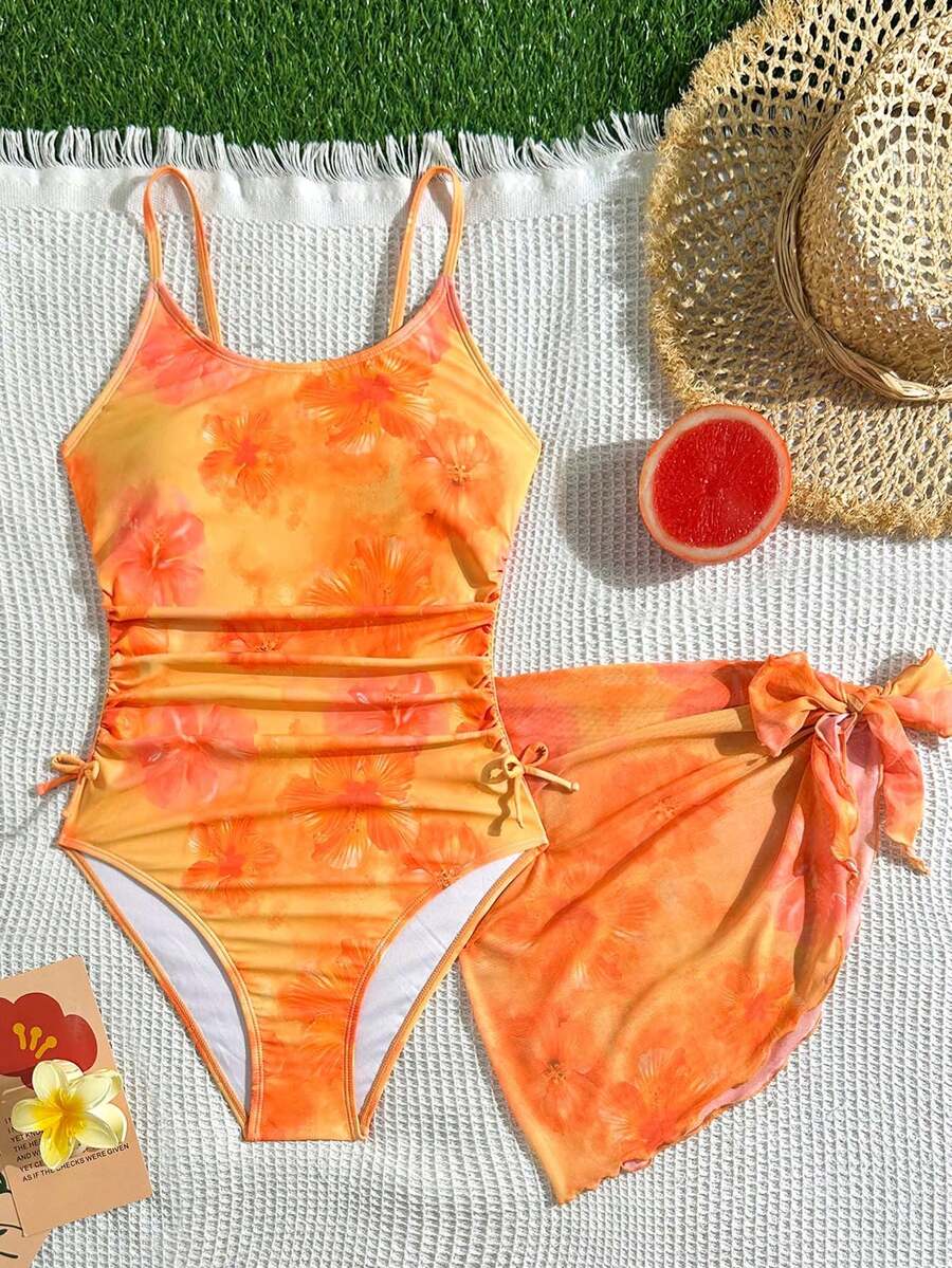 SHEIN 少女两件套印花泳衣和罩衫套装