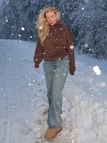 Turnttoni Women's Loose Split Zip-Up Hoodie - Coffee Brown - View 5