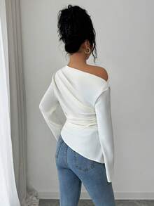 Feyla Women's Casual Commuter Pleated Oblique Collar Shirt White Tops Women White Elegant Top White Blouse One Shoulder Top One Sleeve Top - White - View 7
