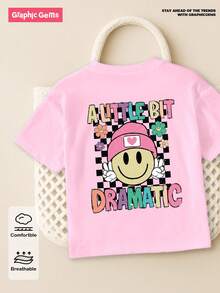 SHEIN Young Girl' Casual Cute Checkered, Face And Letter Print Round Neck Short Sleeve T-Shirt, Summer - Pink - View 7