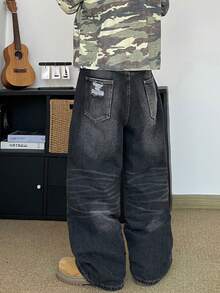 STEELVANCE 复古做旧猫须破洞口袋阔腿牛仔裤，复古街头风宽松直筒牛仔裤 - 黑色 - 查看 2