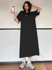 DAZY 新款春夏宽松休闲字母印花长款女士连衣裙户外太阳裙 - 黑色 - 查看 5