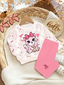 SHEIN 2件套女婴休闲可爱卡通蝴蝶结、猫咪、小熊和爱心印花柔软圆领长袖卫衣和打底裤套装，适合春秋季日常穿着 - 彩色 - 查看 2