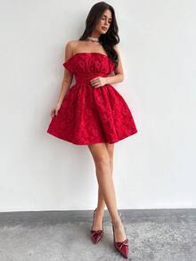Firerie Đầm mini dáng chữ A cạp cao, không dây vai, màu đỏ thanh lịch, tinh tế, lãng mạn và quyến rũ dành cho nữ, thích hợp cho ngày Valentine, tiệc tùng, đám cưới, lễ hội. - Đỏ - Xem 4