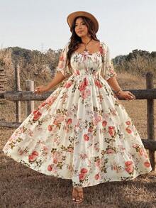 Ceyna Chic Plus Size Boho Long Dress Multicolor Random Floral Print Square Neck Half Puff Sleeve Flounce Hem - Multicolor - View 7