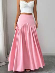 Selianne Women's Solid Color High Waist A-Line Pleated Midi Skirt, Elegant & Romantic - Coral Pink - View 3