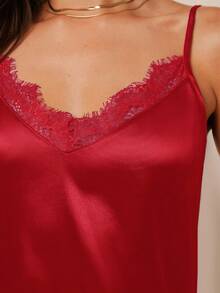 Amorya Women's Elegant Satin Blue Camisole With Lace Trim, Versatile For Spring/Summer Wear Or As An Undershirt In Autumn/Winter - Red - View 7