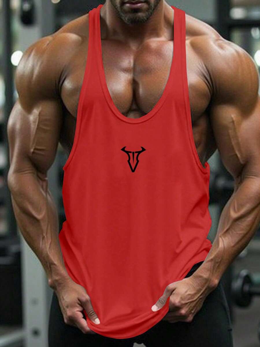 GymBeat Men's Casual Graphic Print Loose Fit Comfortable Muscle Sports Tank Top, Summer, Lightweight, Gym - Red - View 1