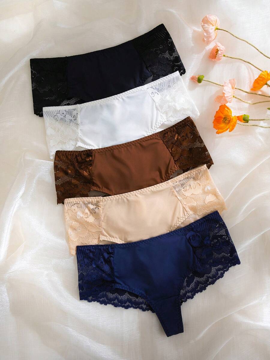 5pcs/Set Charming Lace Trim Thong Panties - Multicolor - View 1