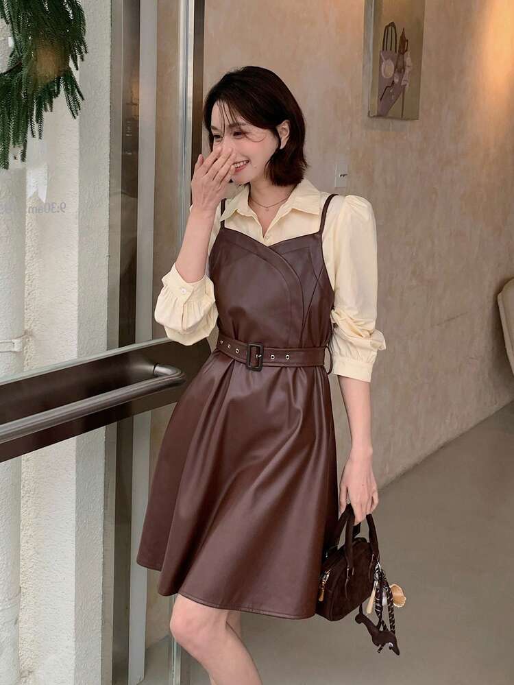 2pcs Women's Korean Style Solid Color Shirt & Slip Dress Set