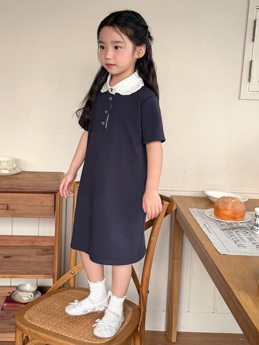 DAZY 少女蕾丝边饰休闲撞色短袖连衣裙 - 藍色 - 查看 1