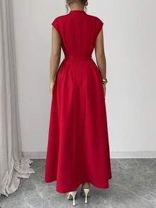 Elenzga Women's Elegant Casual Midi Dress With Romantic French Sicily Inspired Design, Suitable For Commute, Vacation, Afternoon Tea, Valentine's Day Party, Featuring Sweetheart Neck, Waist Tie Belt, Flared Hem, And Pockets, Spring/Summer - Red - View 2