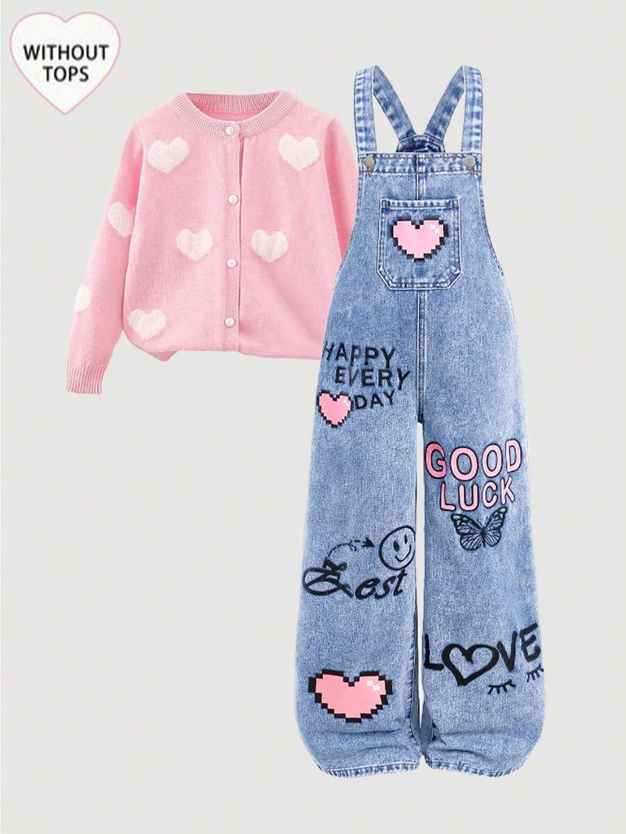 SHEIN Girlism Bộ quần yếm denim dáng rộng, ống đứng, họa tiết hoa trái tim cầu vồng graffiti phong cách Y2K cho bé gái, không kèm áo thun, thích hợp mặc mùa thu đông, đi học, dự tiệc, phong cách đường phố, trang phục Y2K cho bé gái, bộ đồ dễ thương cho bé gái, trang phục thập niên 90, quần áo dễ thương. - Rửa trung bình - Xem 1
