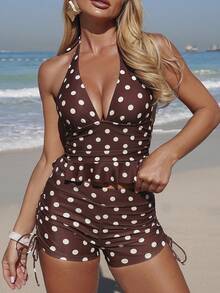 Swim Lushoire Bộ bikini 2 mảnh dành cho phụ nữ trung niên, họa tiết chấm bi, cạp chun xếp ly, dây buộc eo, hở lưng, gồm áo hai mảnh và quần bikini dây rút. - Cà phê nâu - Xem 1