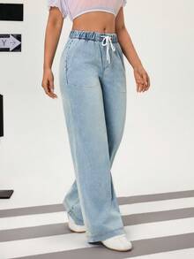 Flexra Women's Casual Everyday Commute Versatile Drawstring Waist Loose Wide Leg Jeans - Baby Blue - View 6