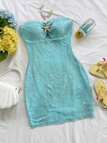 Soleia 女士度假白色针织纹理无肩带镂空褶皱金属海星装饰紧身迷你连衣裙，性感派对约会海滩度假夏季服装 - 淺藍色 - 查看 1