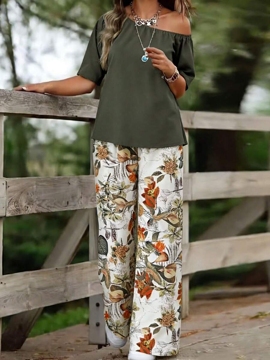 SHEIN PETITE 女士树叶印花不对称肩部上衣和直筒裤两件套休闲度假套装，春夏款 - 彩色 - 查看 1