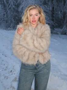Turnttoni Women's Solid Color Long Sleeve Casual Fluffy Jacket In Fall/Winter - Khaki - View 4