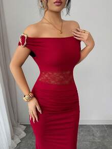 Rafferiza 女士优雅酒红色露肩金属扣腰带蕾丝拼接修身连衣裙 - 酒紅色 - 查看 5
