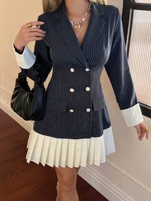 DAZY 女士休闲条纹撞色褶裥下摆迷你连衣裙，春夏婚礼宾客礼服/吊带裙 - 藏蓝色 - 查看 6