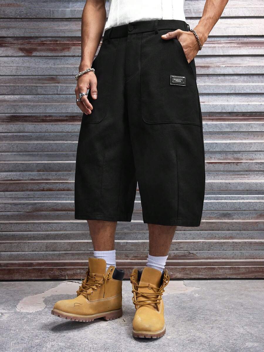 AXEPEAK 男士休闲字母贴布宽松短裤，夏季 - 黑色 - 查看 1