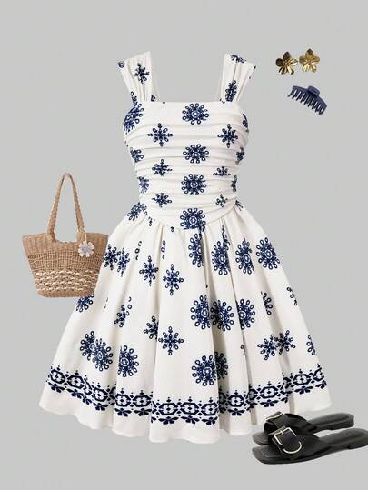 SHEIN ChillGRL 优雅舒适的宽肩带褶皱A字连衣裙，适合少女穿着