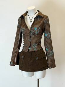 Jeanoix 女士印花条纹长袖单排扣休闲衬衫 - 彩色 - 查看 3