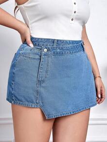 EMERY ROSE Plus Size Solid Color Casual Denim Shorts With Pockets, Summer Fashion - Light Wash - View 4