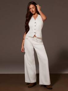 Athîral 女士纯色露背系带单排扣上衣搭配口袋阔腿牛仔裤休闲套装，适合通勤和外出穿着 - 白色 - 查看 3