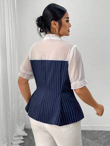 Elenzga 大码女式梭织常规早春优雅约会/通勤蝴蝶结领条纹雪纺拼接短袖衬衫 - 藍色 - 查看 2