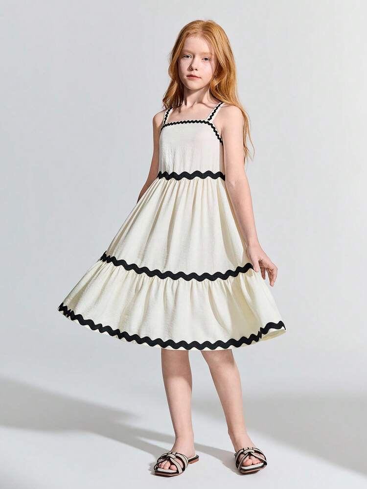 Tween Girl Woven Apricot & Black Wavy Ruffle Trim Casual Cami Dress