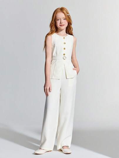 Ontre Tween Girl Woven White & Gold Button Sleeveless Shirt And Pants Casual Outfit