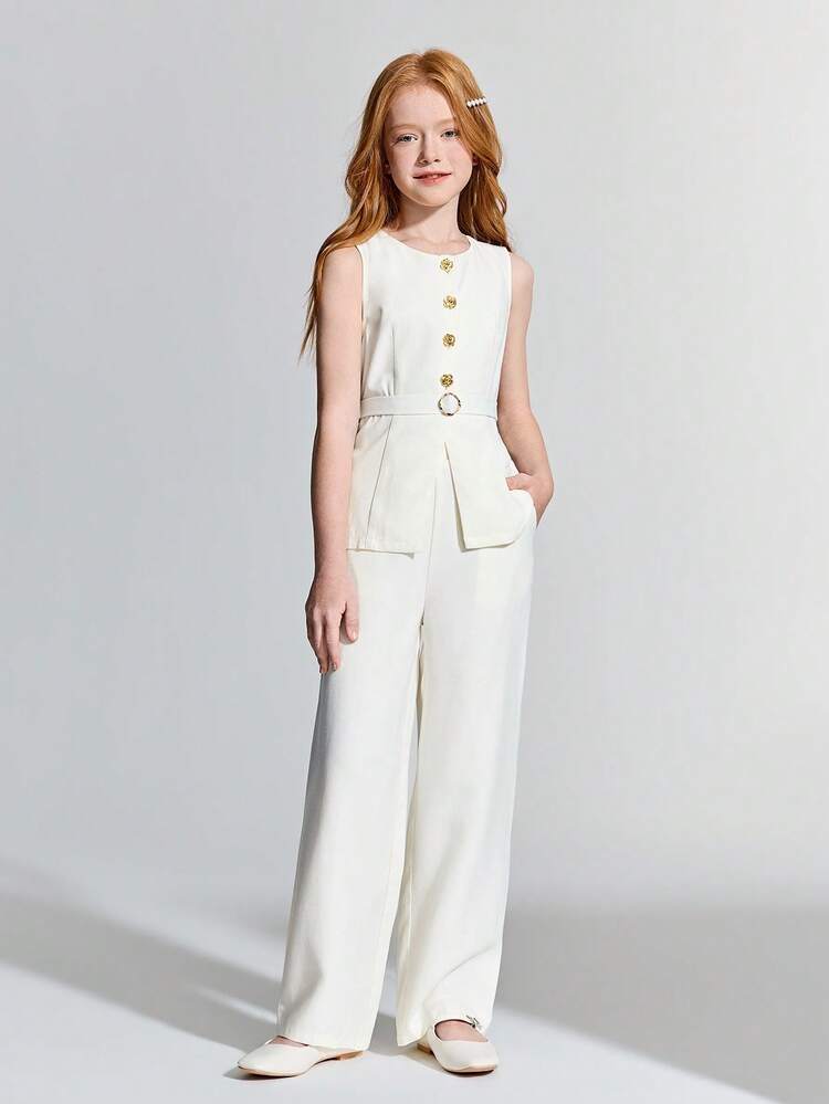 Tween Girl Woven White & Gold Button Sleeveless Shirt And Pants Casual Outfit