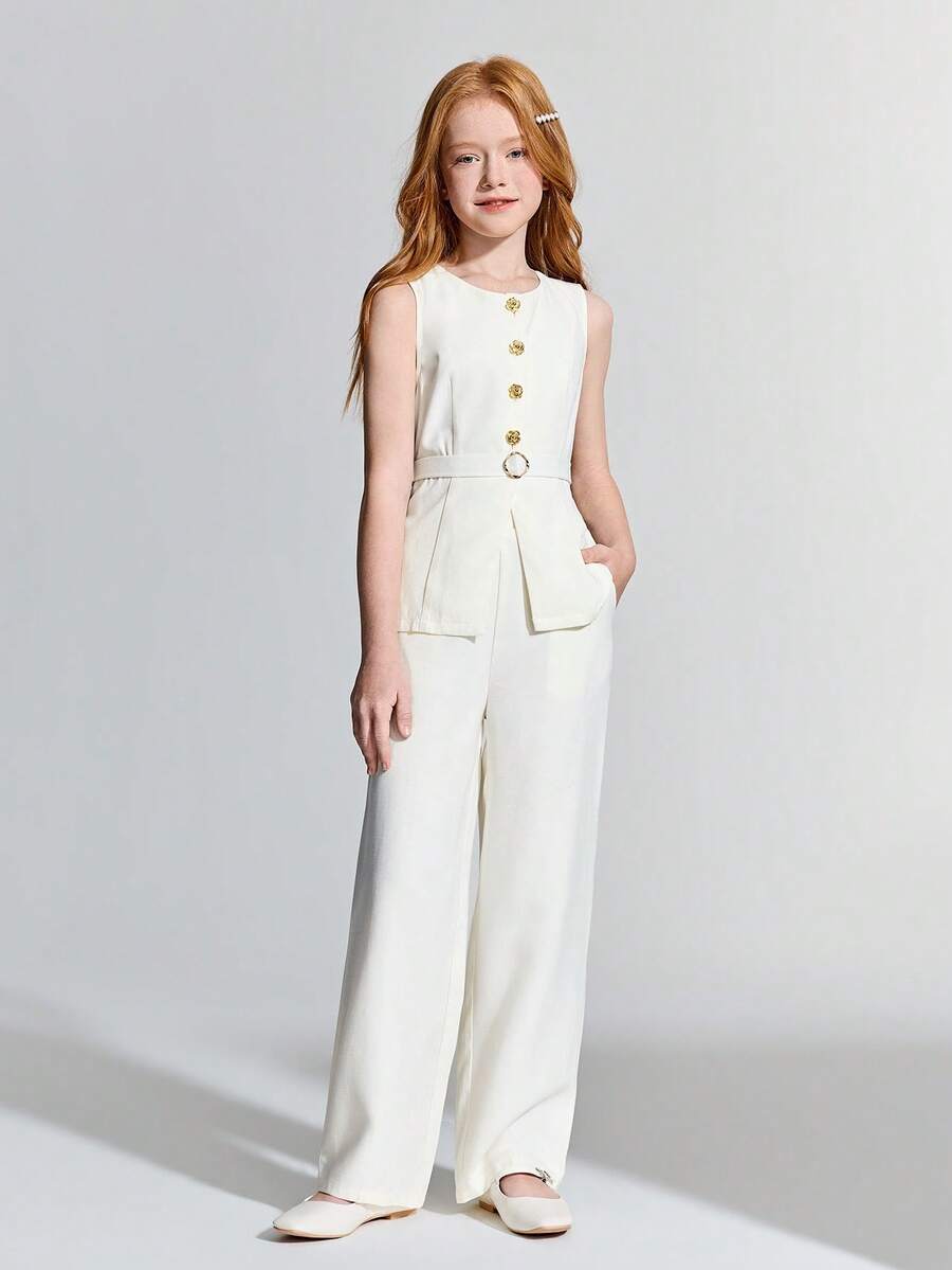 Ontre Tween Girl Woven White & Gold Button Sleeveless Shirt And Pants Casual Outfit
