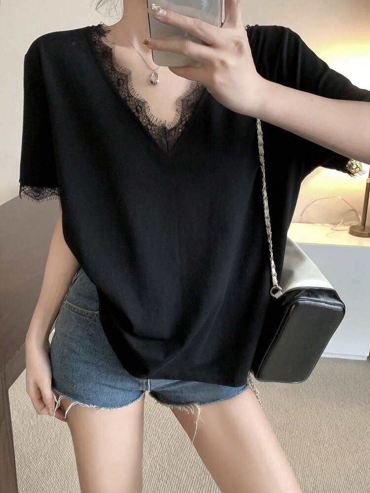 Women Solid Color Lace Patchwork Casual Short Sleeve T-Shirt