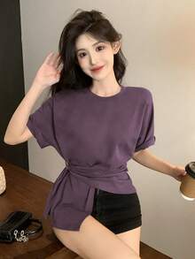 DAZY Áo thun nữ tay ngắn cổ tròn màu trơn thường ngày mùa hè họa tiết xoắn - Màu tím - Xem 6
