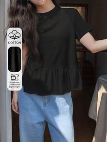 DAZY Women's Round Neck Casual Loose Ruffle Hem Basic Short Sleeve T-Shirt - Black - View 1