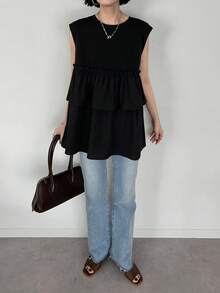 FRIFUL Women's Spring/Summer Short Sleeve Solid Color Layered Ruffle Hem Casual Loose Versatile T-Shirt - Black - View 4
