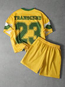 Manfinity Campus Court Set Kaos Pria Warna Kuning Gaya Streetwear Musim Panas, Liburan Kota, Fashion Personalisasi, Motif Yesus Ukuran Besar, Set Olahraga Sepak Bola, Blok Warna Hijau - Kuning - View 2