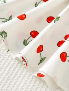 Cozy Pixies 少女甜美樱桃印花圆领泡泡袖腰部喇叭V领连衣裙 - 紅白色 - 查看 6