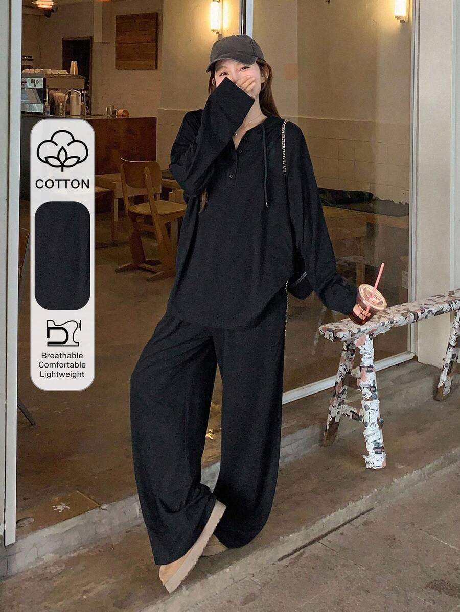 DAZY 女士纯色纽扣半开襟落肩长袖连帽上衣和裤子休闲两件套，适合秋冬季居家休闲穿着。 - 黑色 - 查看 1