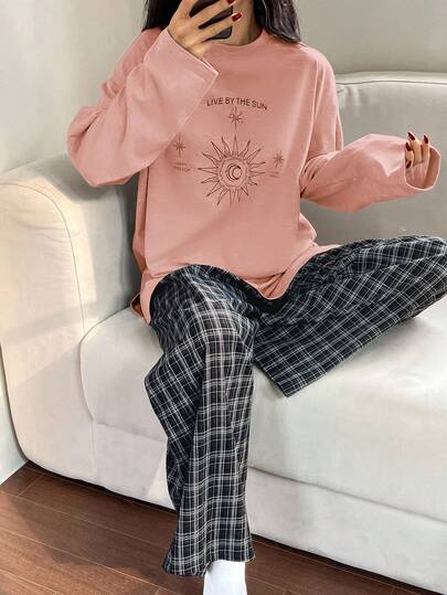 DAZY 2pcs Women Loose Comfortable Printed Long Sleeve Plaid Pajama Set