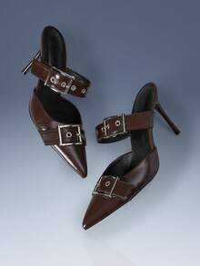 CUCCOO GRLICON 金属扣尖头细高跟鞋，性感时尚朋克风女式高跟穆勒鞋，适合搭配摩托车装扮，酷女孩风格，春夏皆宜，适合度假、旅行，2000年代风格 - 咖啡棕 - 查看 3