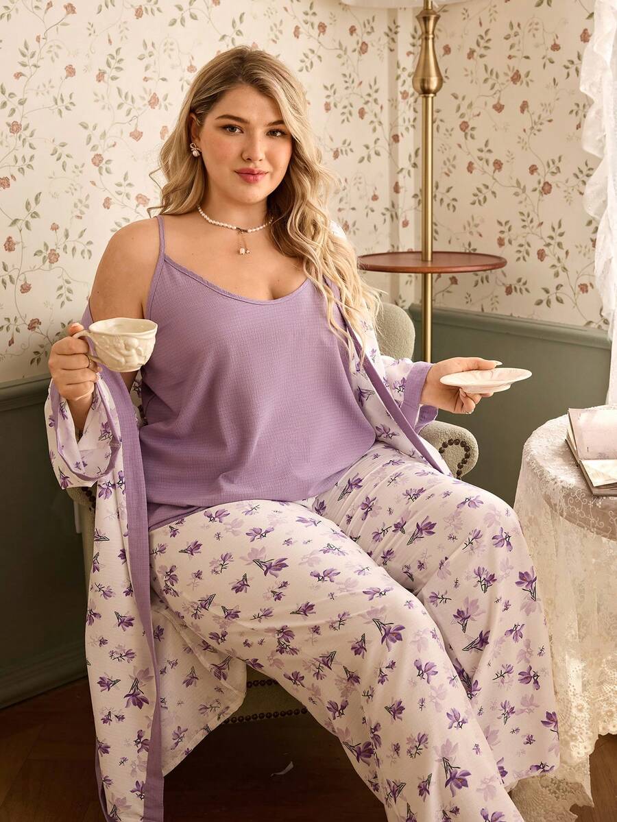 CottageSlumber Conjunto de camiseta y bata de color púrpura con estampado floral y contraste de color para tallas grandes - Morado - Ver 1