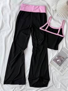 Conjunto de top de tirantes y pantalones a juego en contraste de color negro y rosa para adolescentes, adecuado para primavera/verano. Conjunto acanalado de 2 piezas, conjunto de entrenamiento para chicas, conjunto de entrenamiento acanalado, conjunto de entrenamiento negro y rosa, conjunto de yoga de dos piezas, conjunto de entrenamiento para mujeres - Multicolor - Ver 2